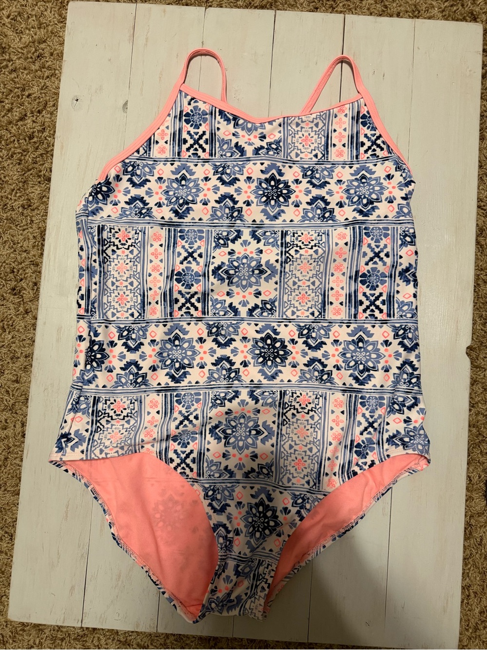 Justice Girls One-Piece Swimsuit in Navy Blue and Pink Tile Print